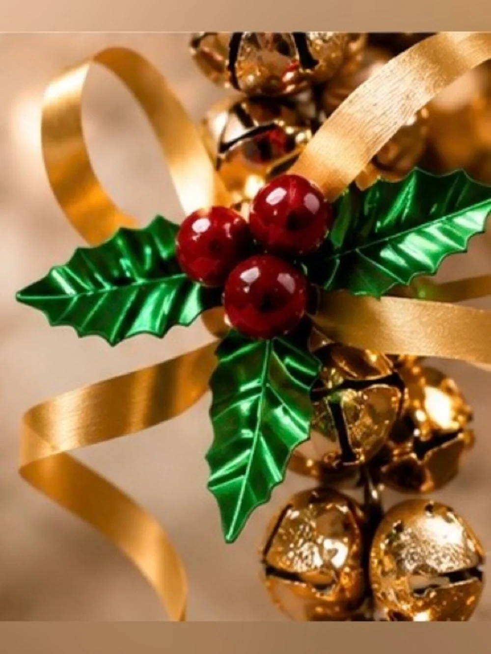 Gold Jingle Bell Candy Cane Christmas Door Hanger Wreath Holiday Decor